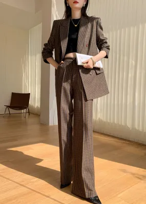 Julia Brown Plaid Blazer Wide Leg Pantsuit Set