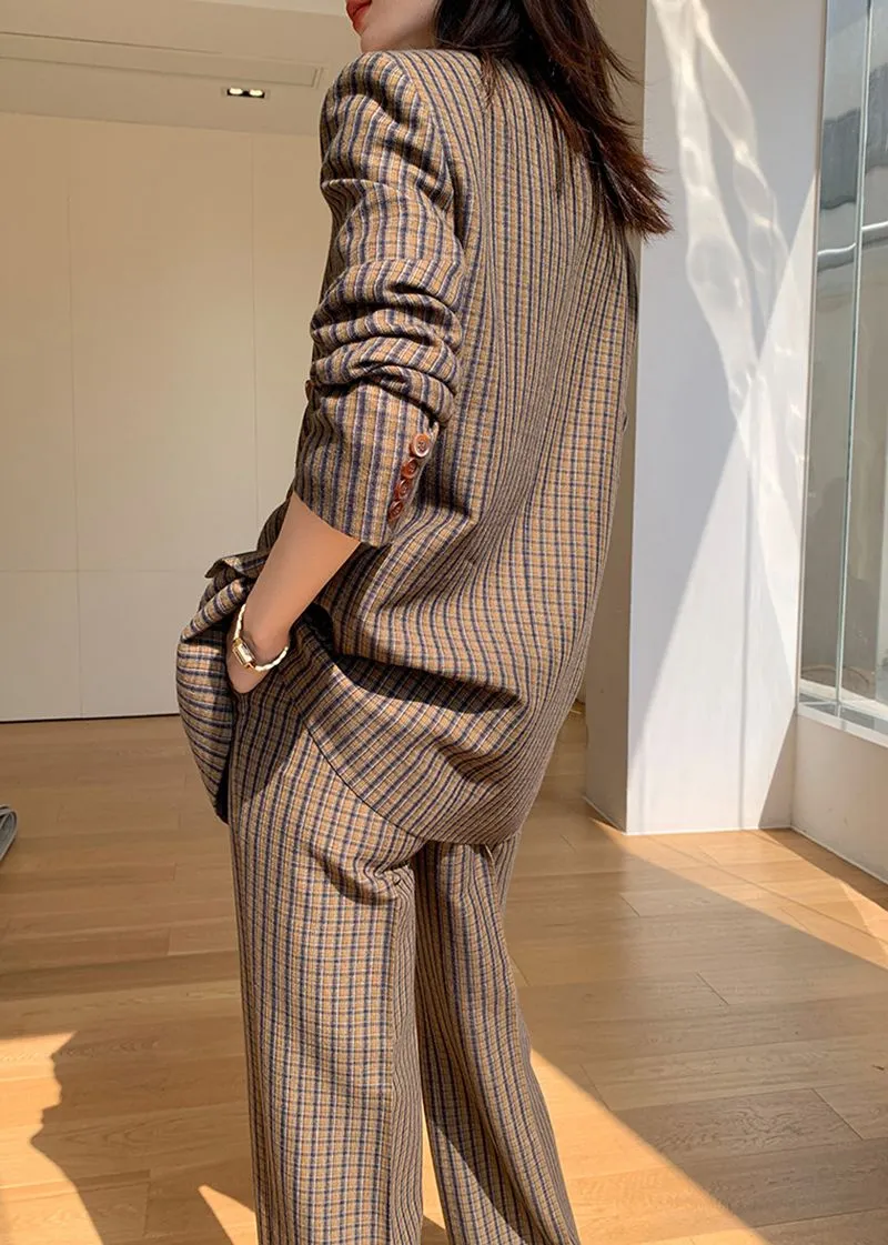 Julia Brown Plaid Blazer Wide Leg Pantsuit Set