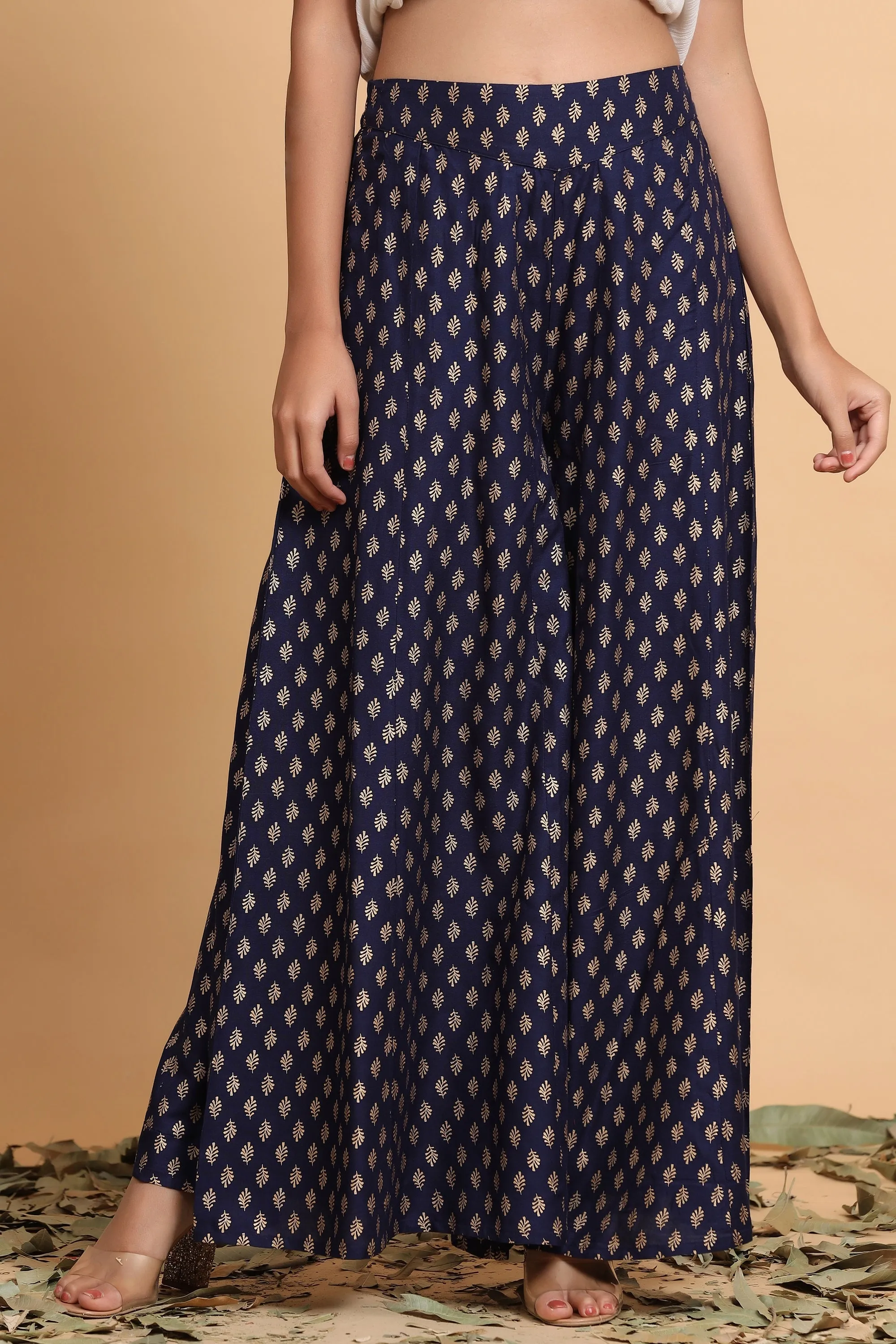 Juniper Navy Blue Ethnic Motif Printed Rayon Flared Women Palazzo With One Pocket