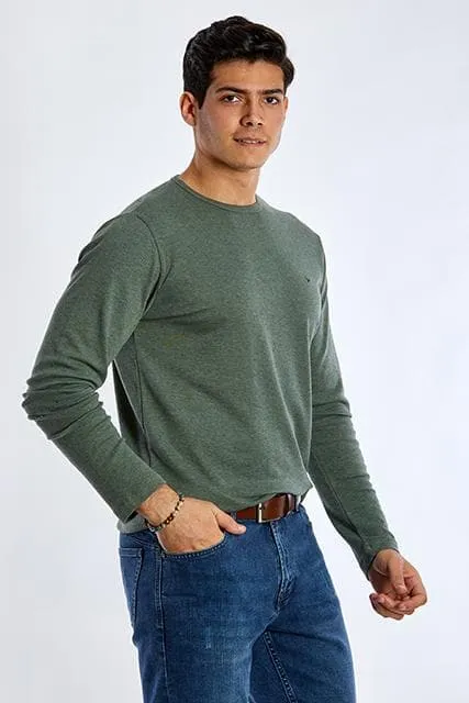 Long Sleeve Round Neck Plain T-Shirt - GREEN OLIVE