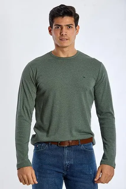 Long Sleeve Round Neck Plain T-Shirt - GREEN OLIVE