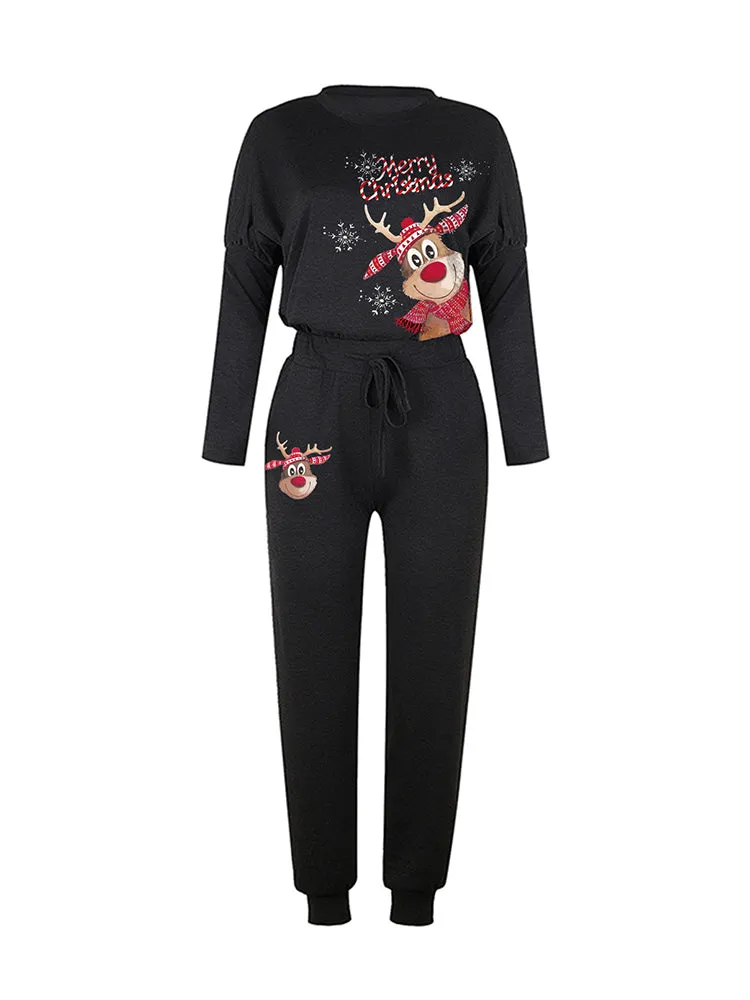 Lounge Sets for Women Christmas Reindeer Print Loungewear Set Jogging Suits