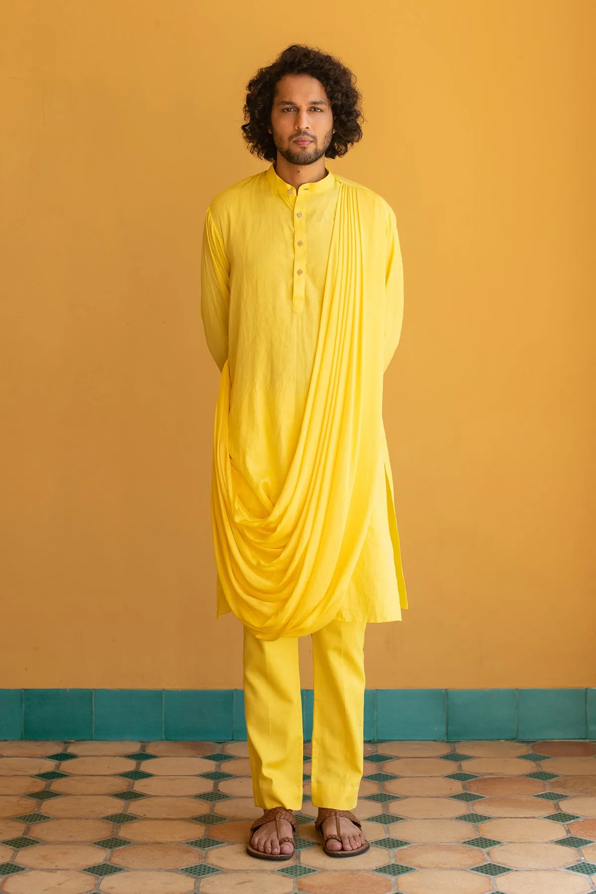 MEHERZAD - Embroidered  Yellow Nehru Jacket Paired with Drape Kurta & Trouser set