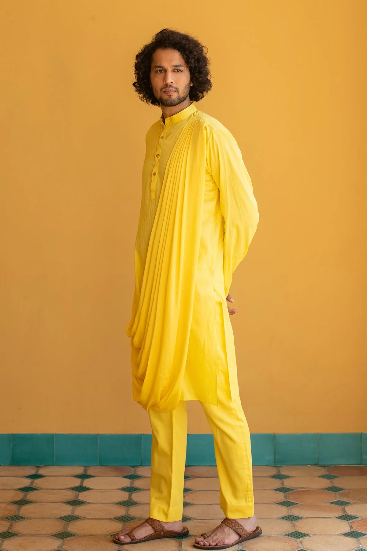 MEHERZAD - Embroidered  Yellow Nehru Jacket Paired with Drape Kurta & Trouser set