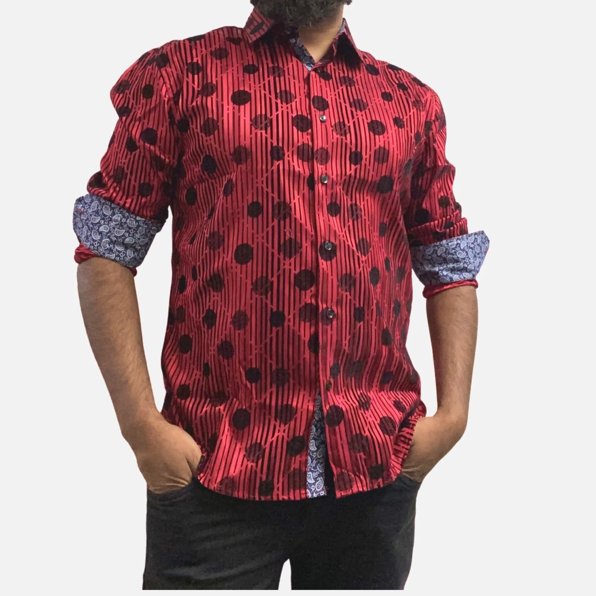 Men's Slim Fit Red Button-Up Shirt with Black Dot and Stripe Flocking Designer