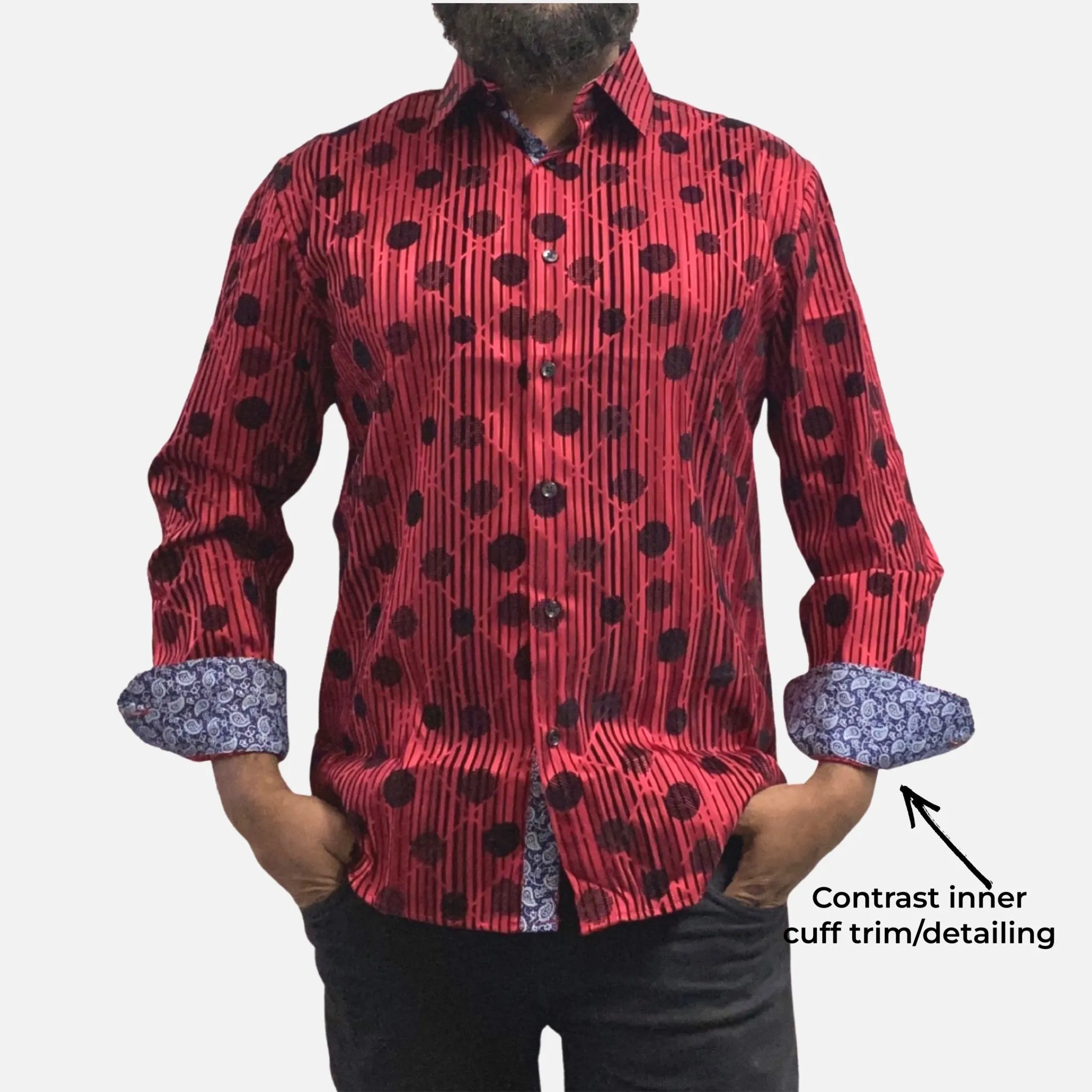 Men's Slim Fit Red Button-Up Shirt with Black Dot and Stripe Flocking Designer