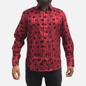 Men's Slim Fit Red Button-Up Shirt with Black Dot and Stripe Flocking Designer