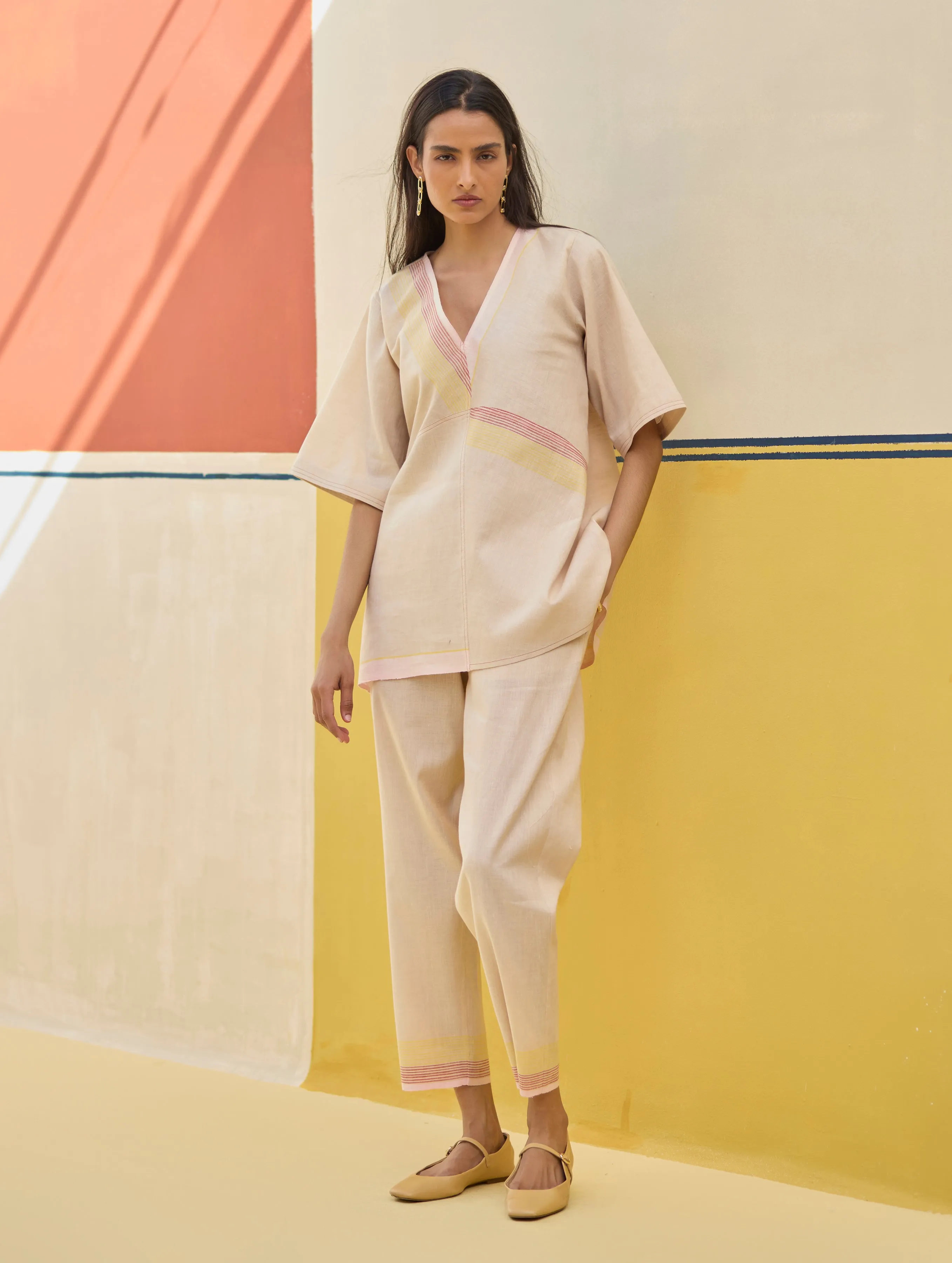 Moriko Border Linen Co-ord Set - Sand