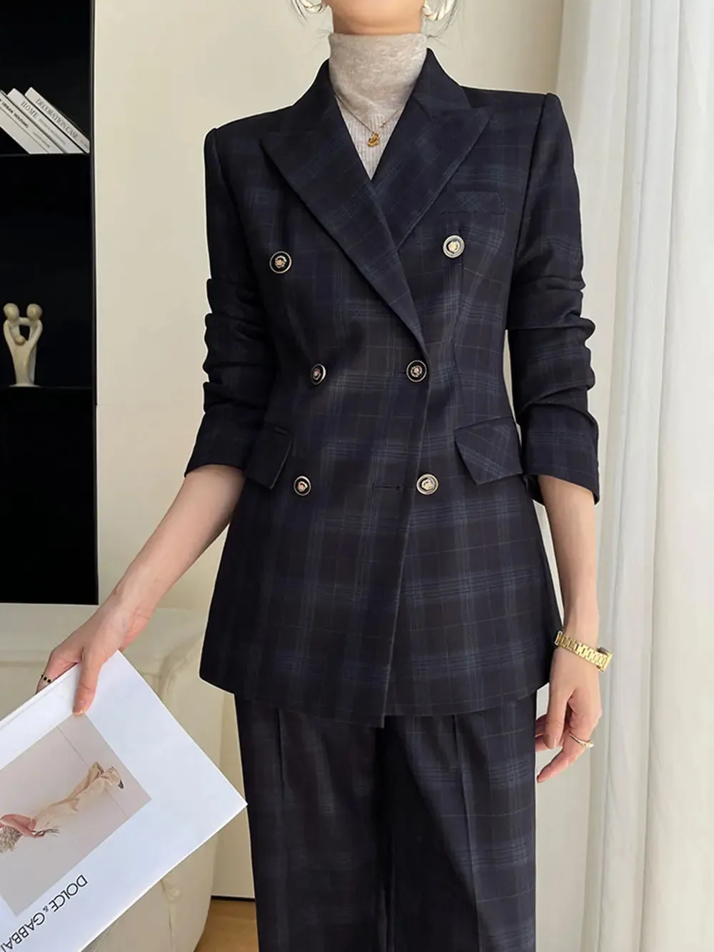 Myra Plaid Double-Breasted Blazer Pants Suit