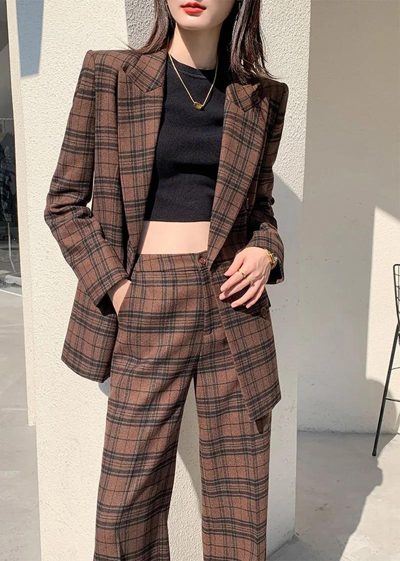 Nadia Coffee Plaid Blazer Wide Leg Pantsuit