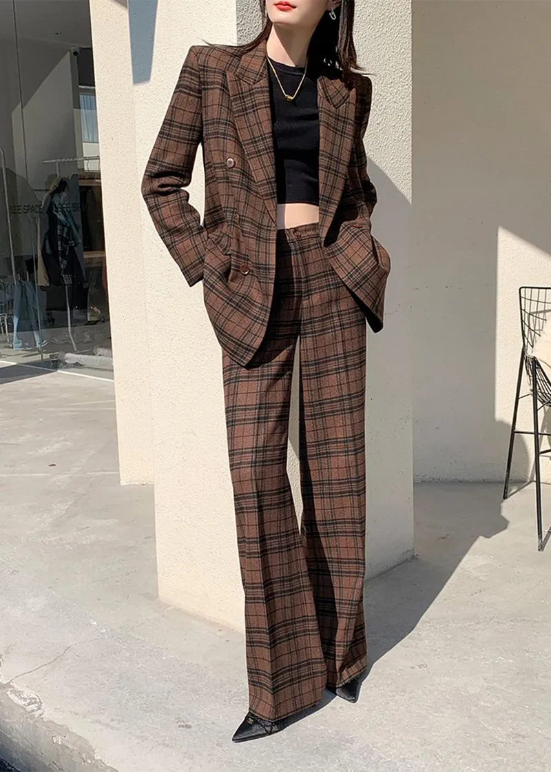 Nadia Coffee Plaid Blazer Wide Leg Pantsuit