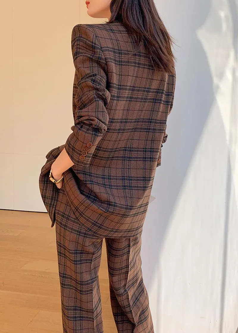 Nadia Coffee Plaid Blazer Wide Leg Pantsuit