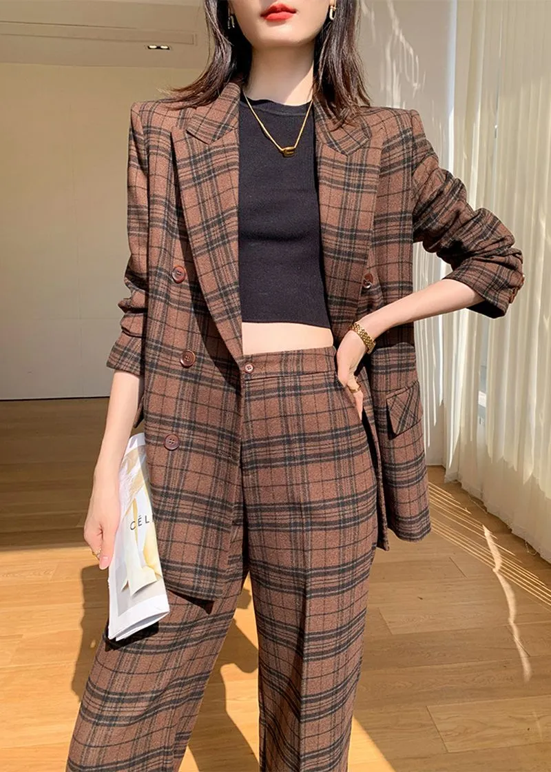 Nadia Coffee Plaid Blazer Wide Leg Pantsuit