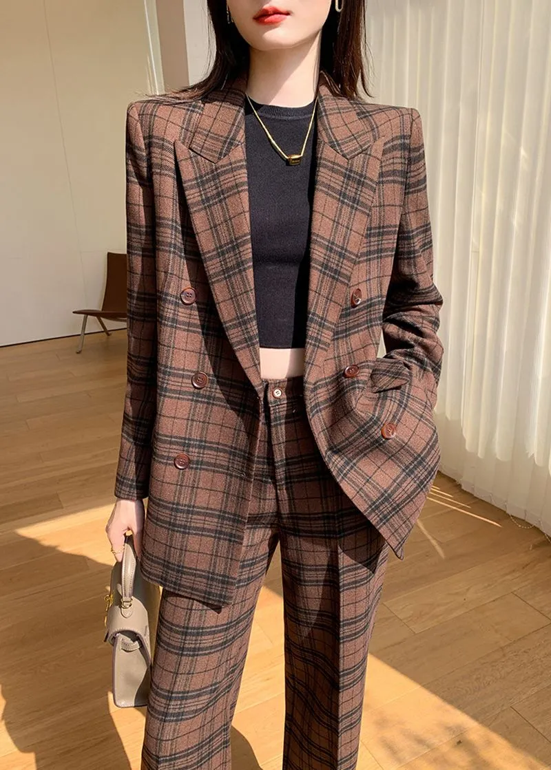 Nadia Coffee Plaid Blazer Wide Leg Pantsuit