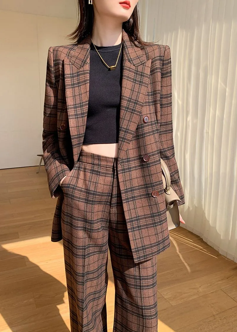 Nadia Coffee Plaid Blazer Wide Leg Pantsuit