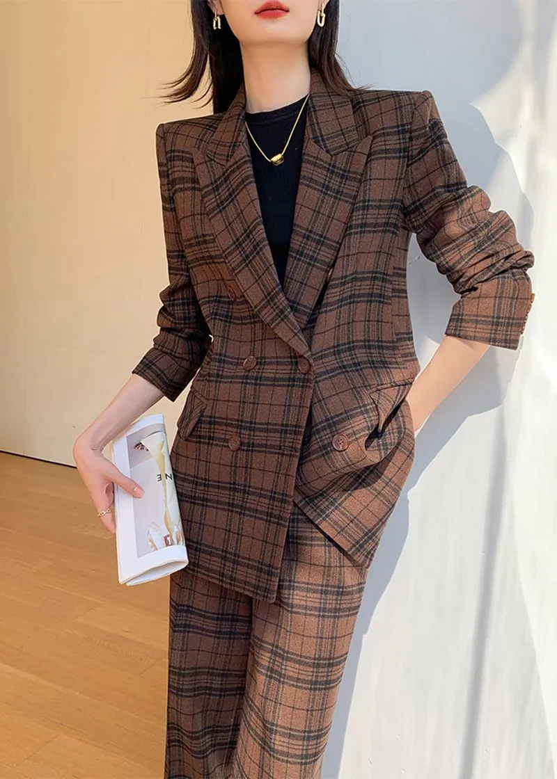 Nadia Coffee Plaid Blazer Wide Leg Pantsuit