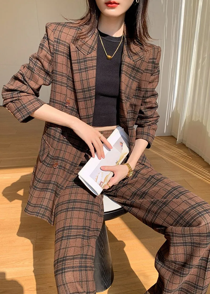 Nadia Coffee Plaid Blazer Wide Leg Pantsuit