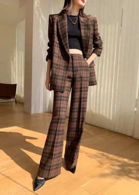 Nadia Coffee Plaid Blazer Wide Leg Pantsuit