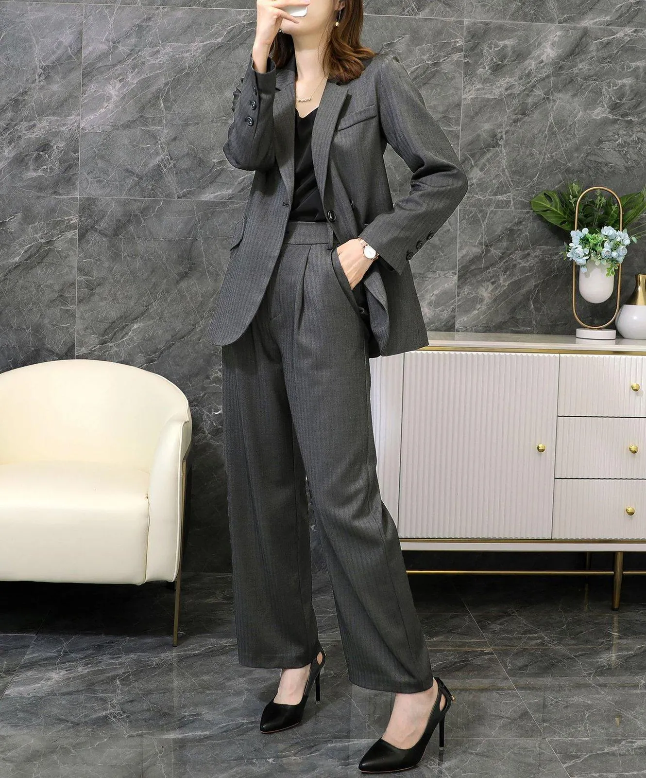 Notch Collar Blazer & Wide Leg Pants Two-Piece Set