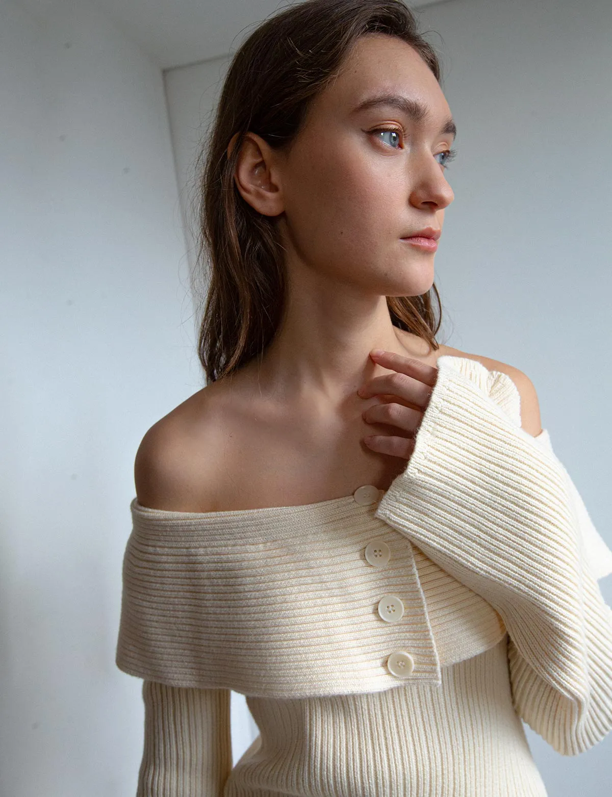 Paula Off-The-Shoulder Button Sweater