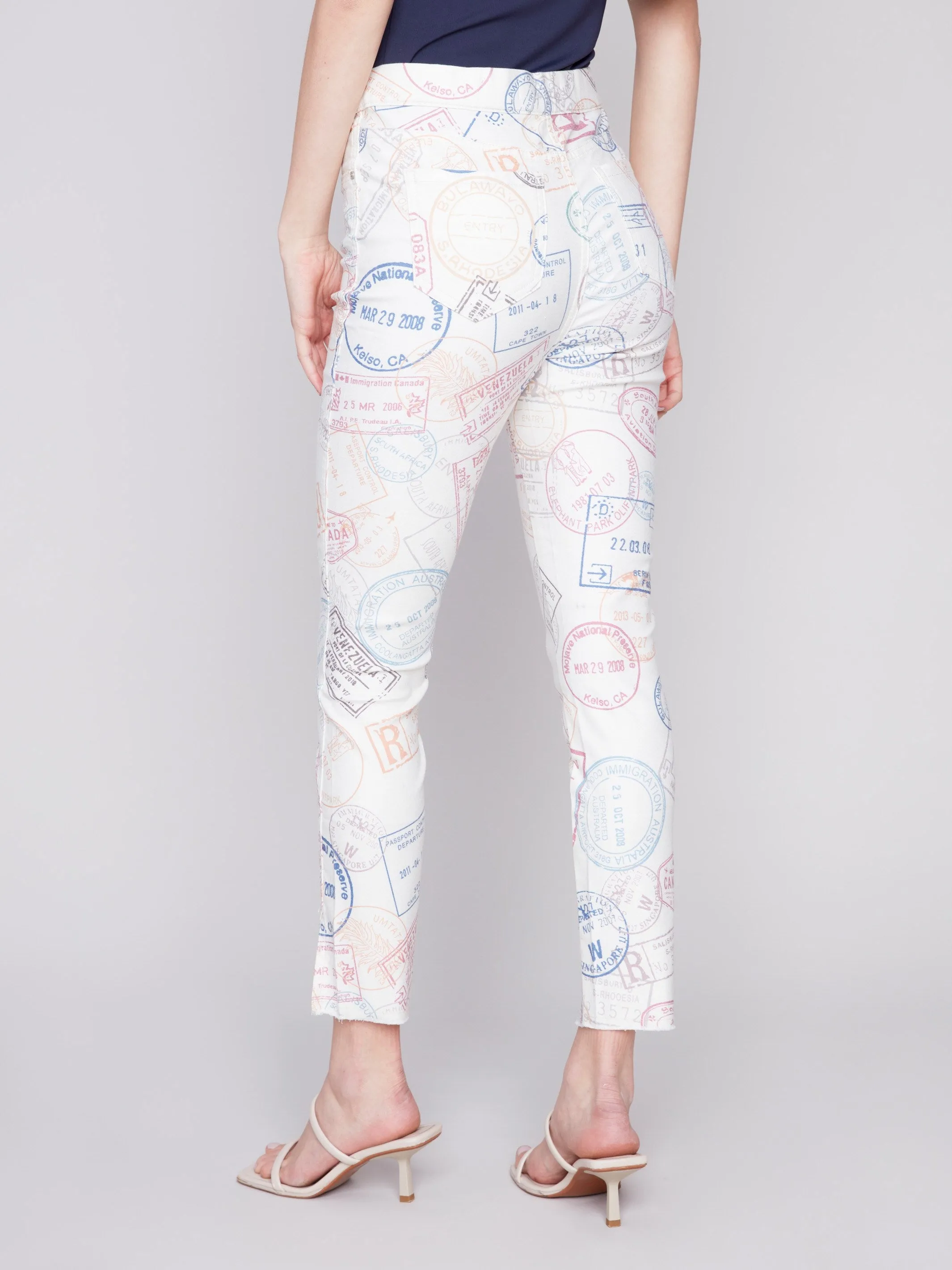 Printed Pull-On Twill Pants with Split Hem - Stamps