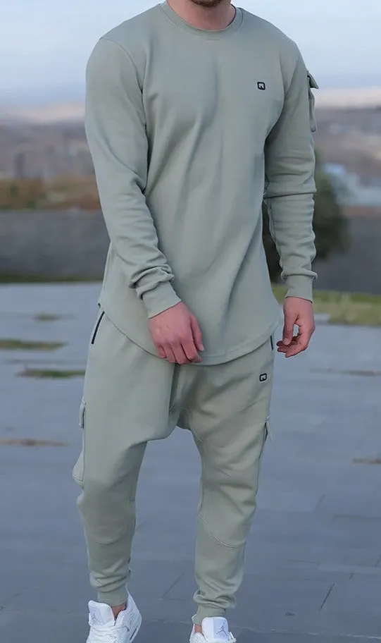 QL Sniper Set: Stylish Almond Green Cargo Joggers and Longline Top for Effortless Chic