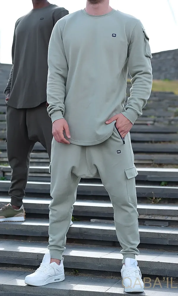 QL Sniper Set: Stylish Almond Green Cargo Joggers and Longline Top for Effortless Chic