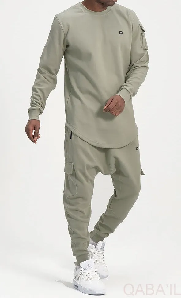 QL Sniper Set: Stylish Almond Green Cargo Joggers and Longline Top for Effortless Chic