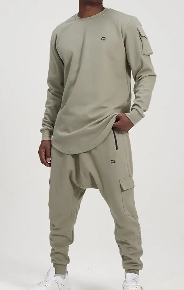 QL Sniper Set: Stylish Almond Green Cargo Joggers and Longline Top for Effortless Chic