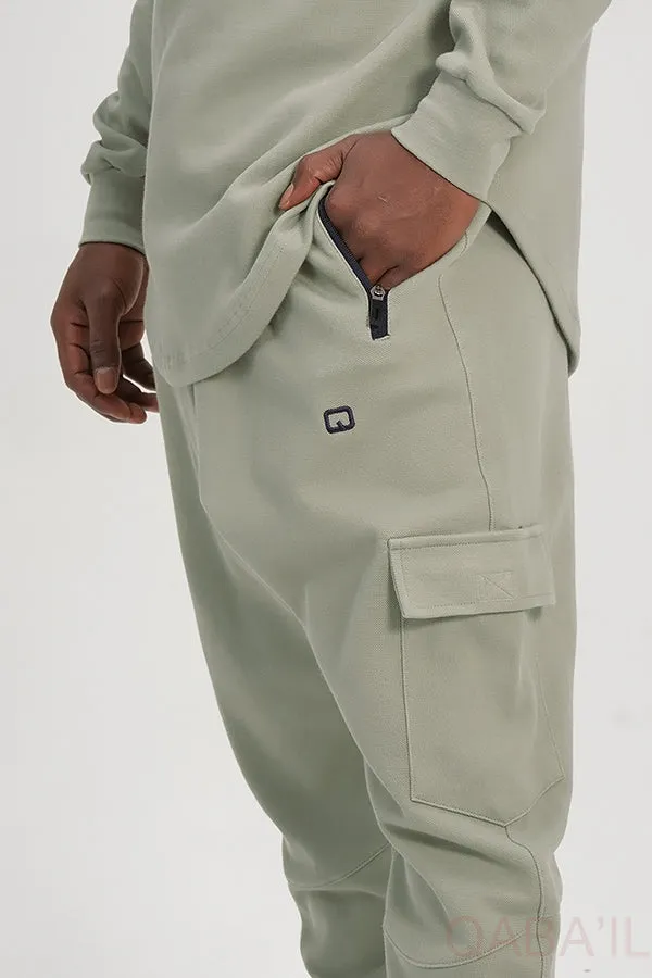 QL Sniper Set: Stylish Almond Green Cargo Joggers and Longline Top for Effortless Chic