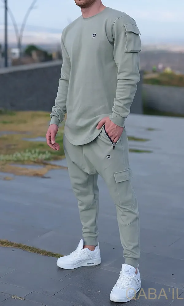 QL Sniper Set: Stylish Almond Green Cargo Joggers and Longline Top for Effortless Chic