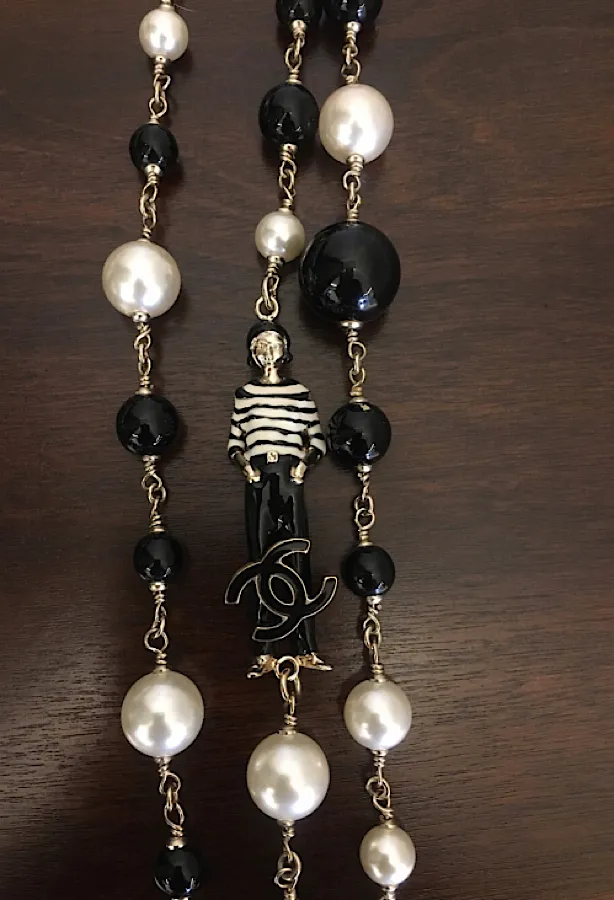 RARE Chanel 100th Anniversary 2010 Cruise 10C Black White Gold Pearl Coco Figure Sautoir 3 Strand Long Necklace