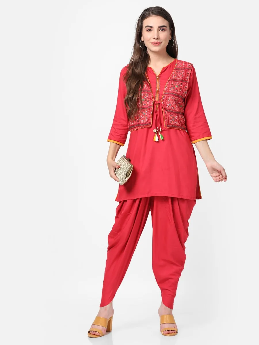 Red Solid Kurta Jacket With Cowl Pant