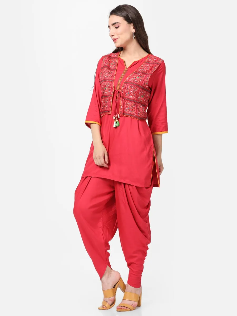 Red Solid Kurta Jacket With Cowl Pant