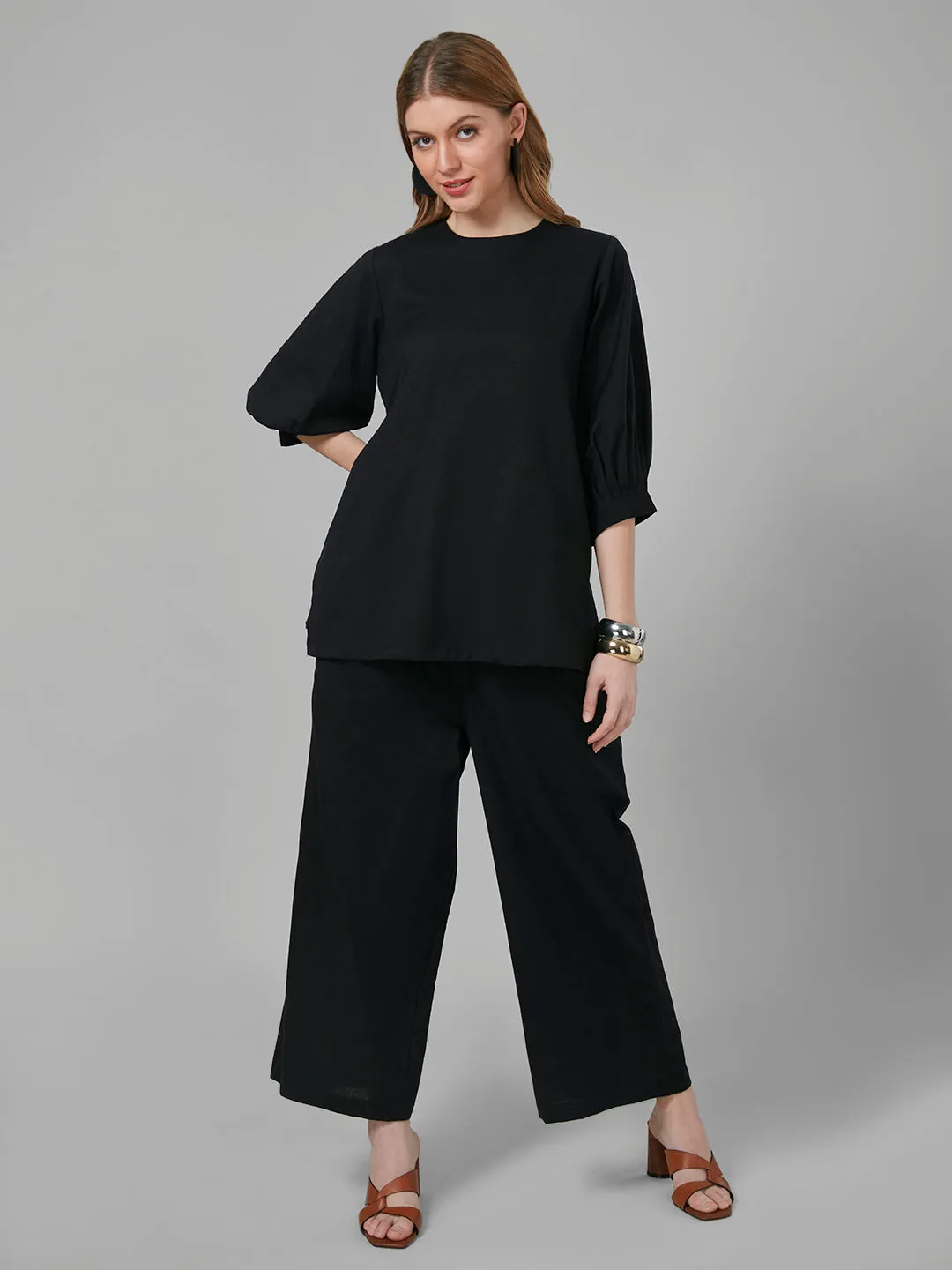 Style Quotient Women Black Solid Cotton Rich relaxed Fashionable Co-ord set