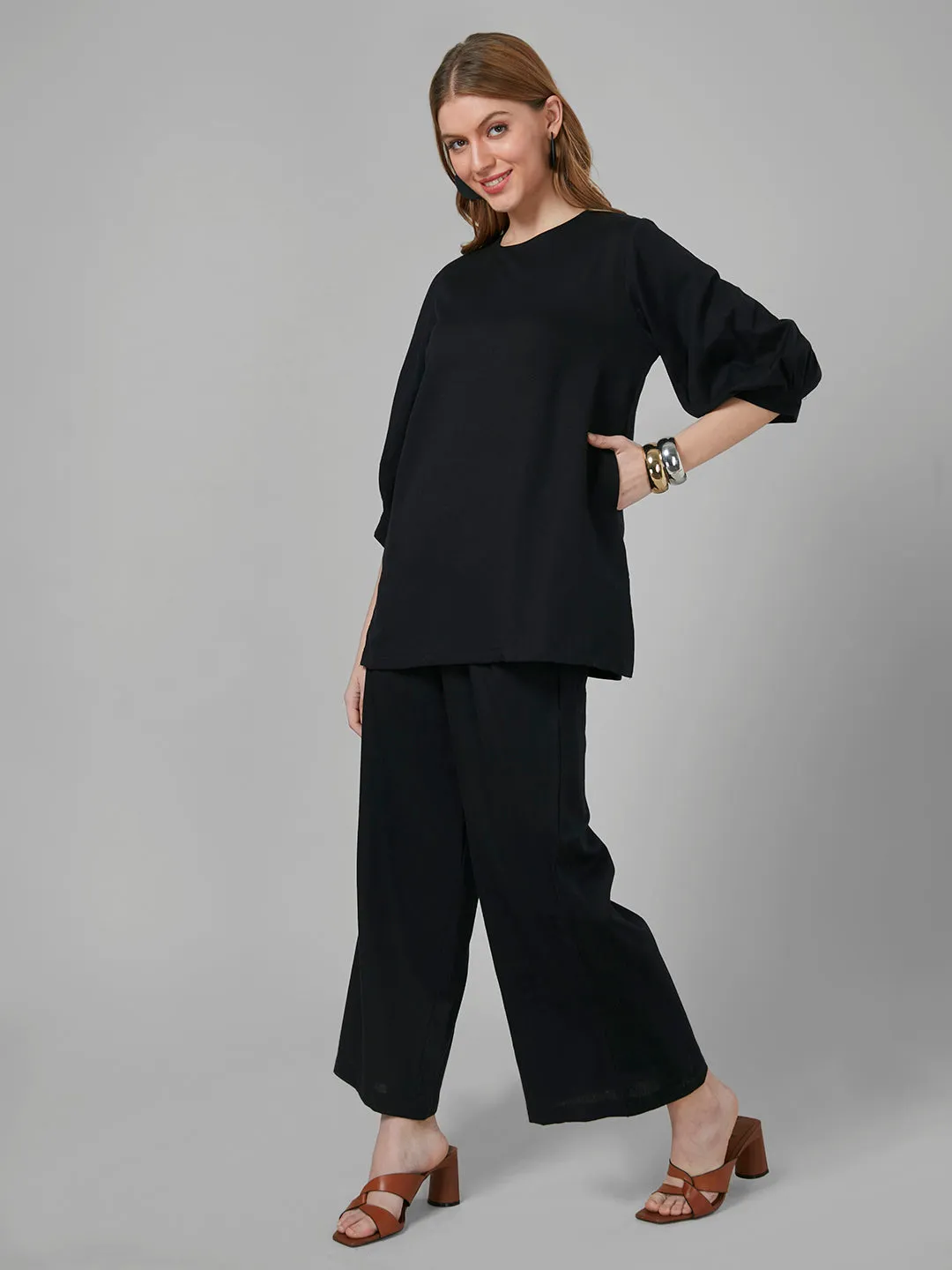 Style Quotient Women Black Solid Cotton Rich relaxed Fashionable Co-ord set