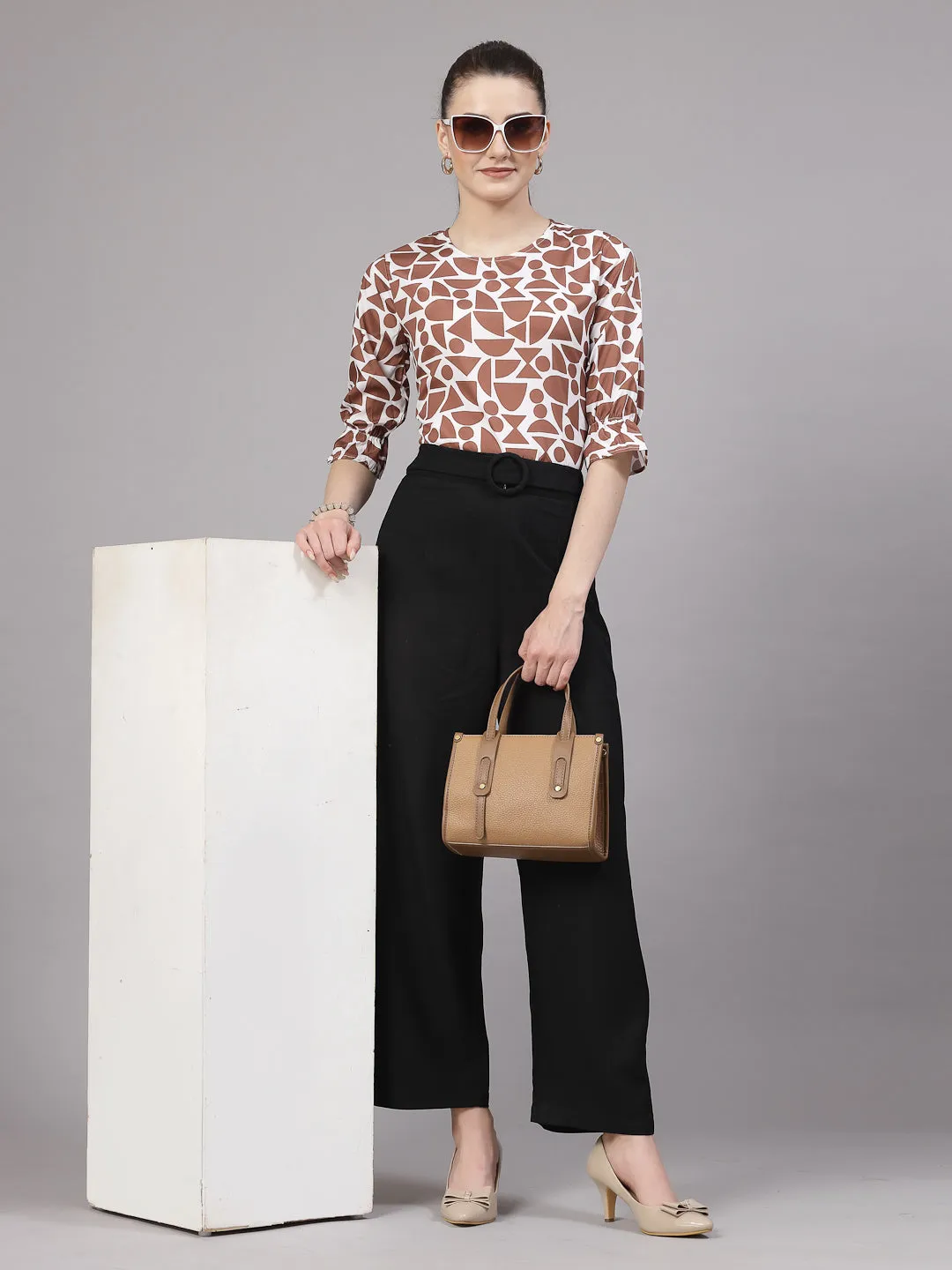 Style Quotient Women Brown and White Geometric Printed Smart Casual Top