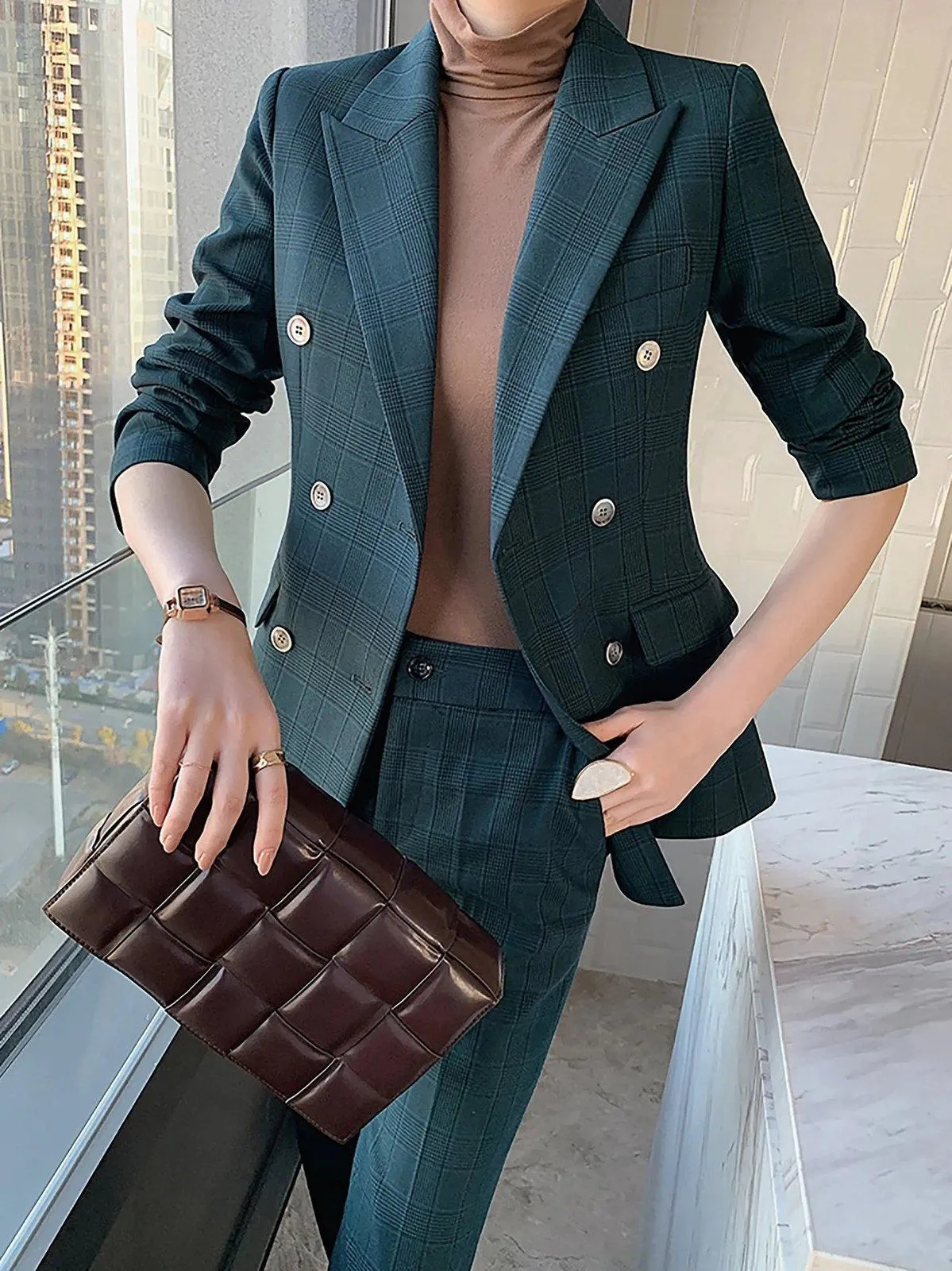 Teal Double Breasted Blazer & Slim Pants Set