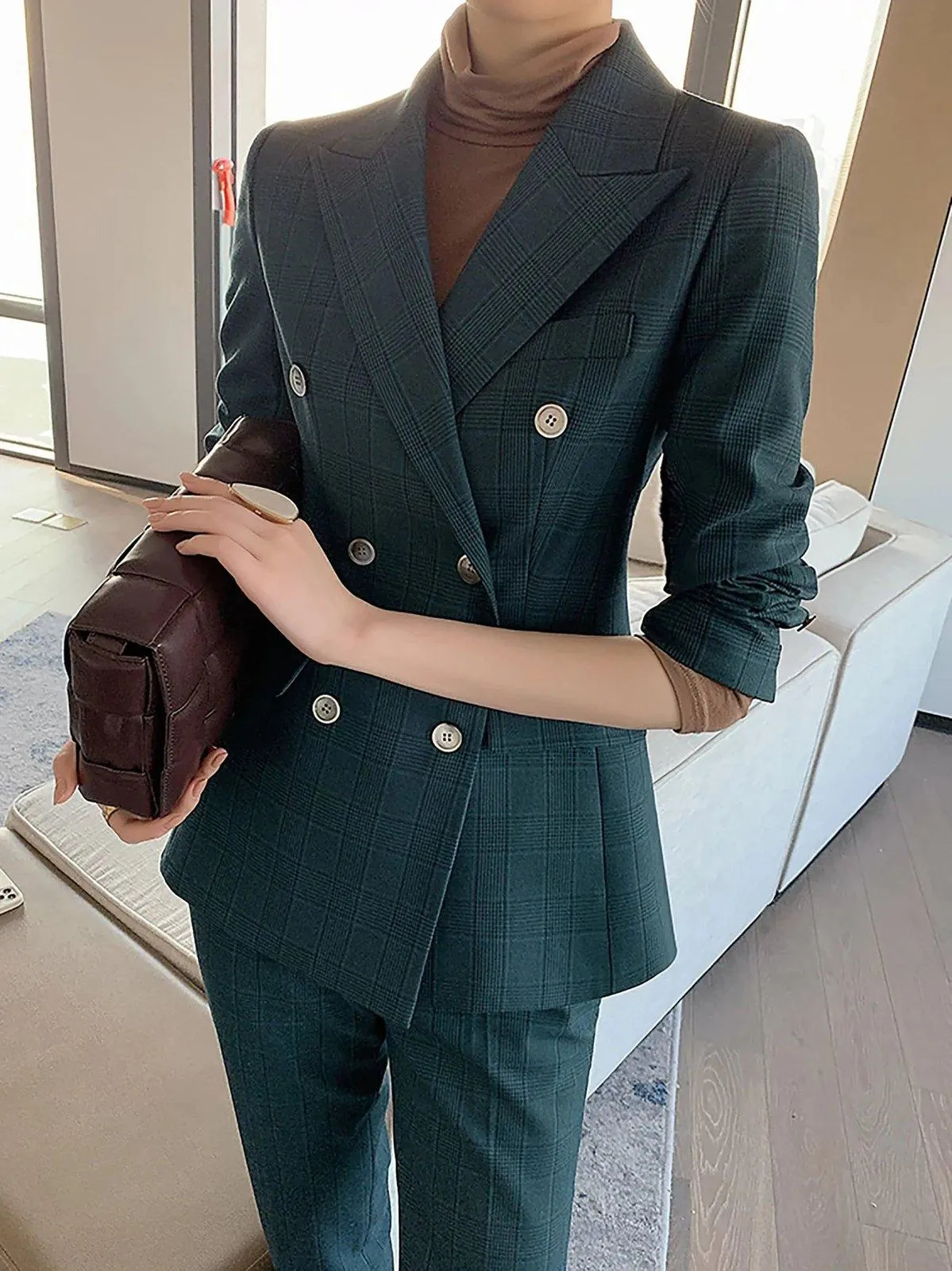 Teal Double Breasted Blazer & Slim Pants Set