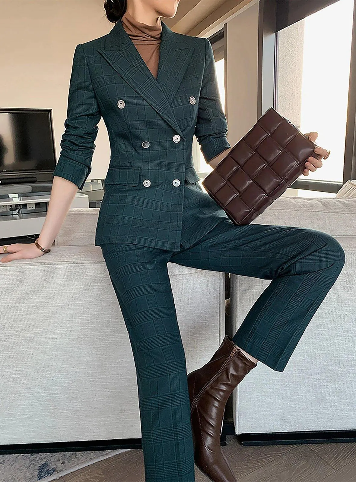 Teal Double Breasted Blazer & Slim Pants Set