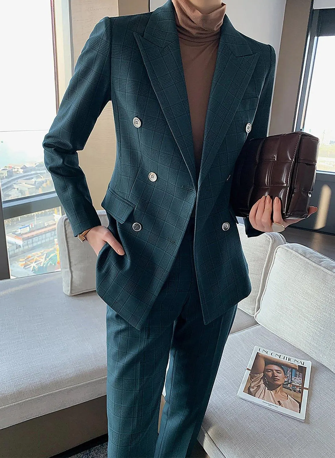 Teal Double Breasted Blazer & Slim Pants Set