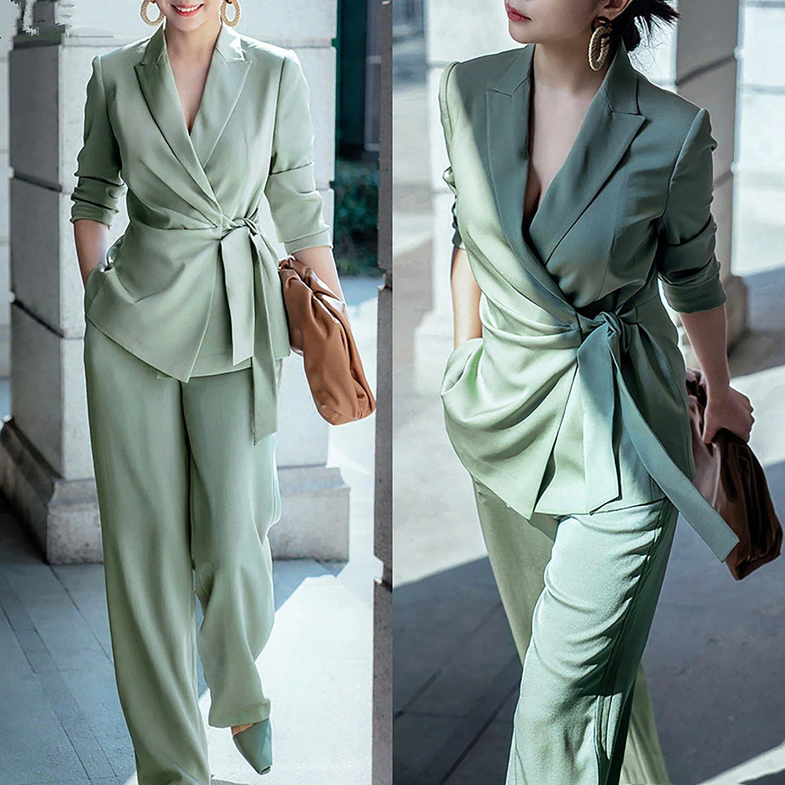 Women 2 piece Sets,Women's Long Sleeve Shirt Pants,Blouses & Crop Wide Leg pants,Top Shirt Sets,Green Blouses Pants Sets,Office lady wear