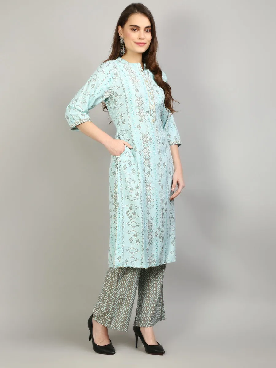 Women Aqua Blue Ornamental Printed Kurta With Pant