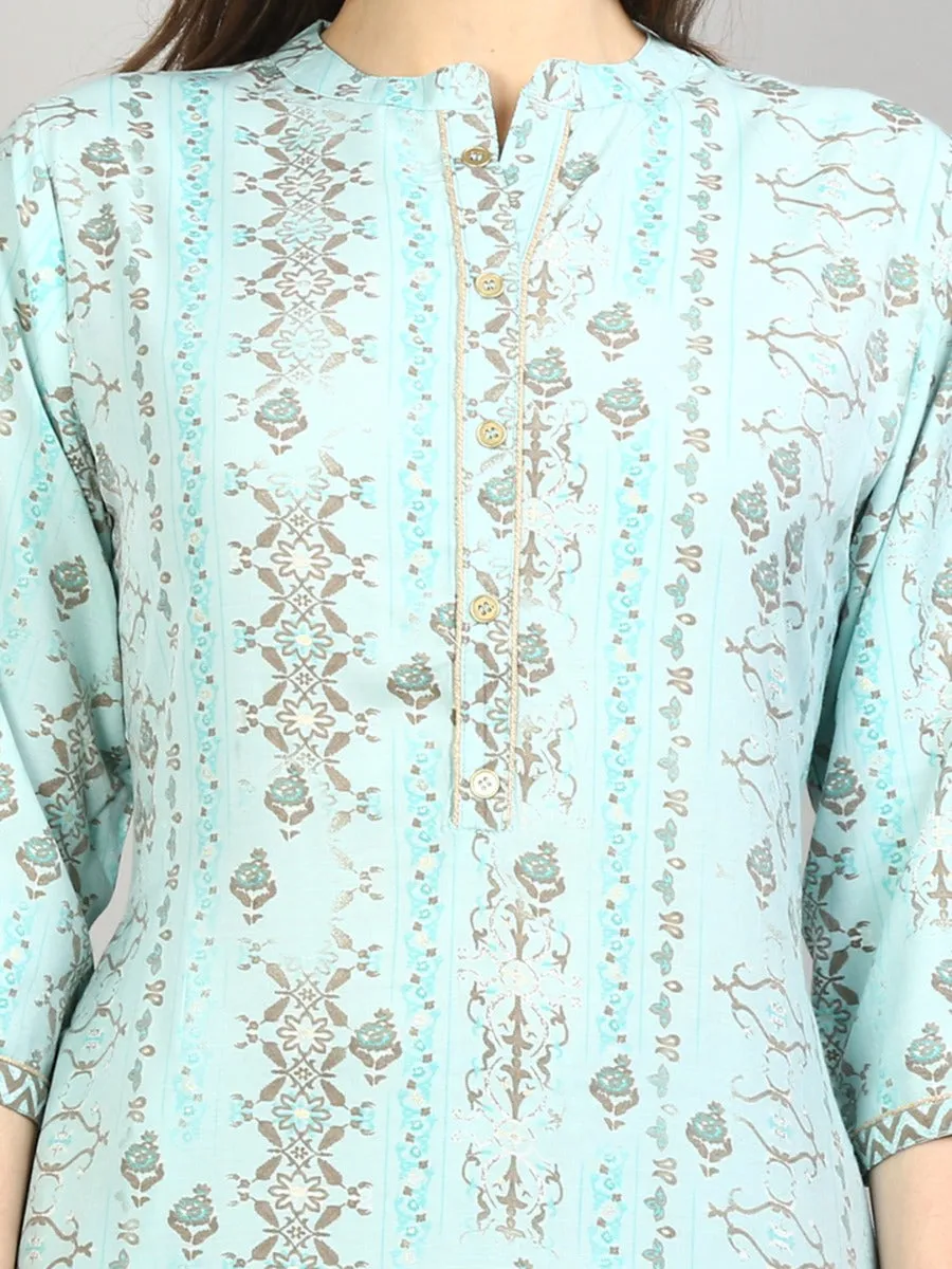 Women Aqua Blue Ornamental Printed Kurta With Pant