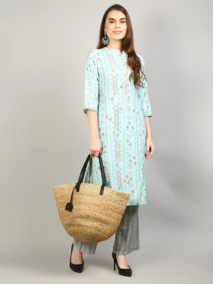 Women Aqua Blue Ornamental Printed Kurta With Pant