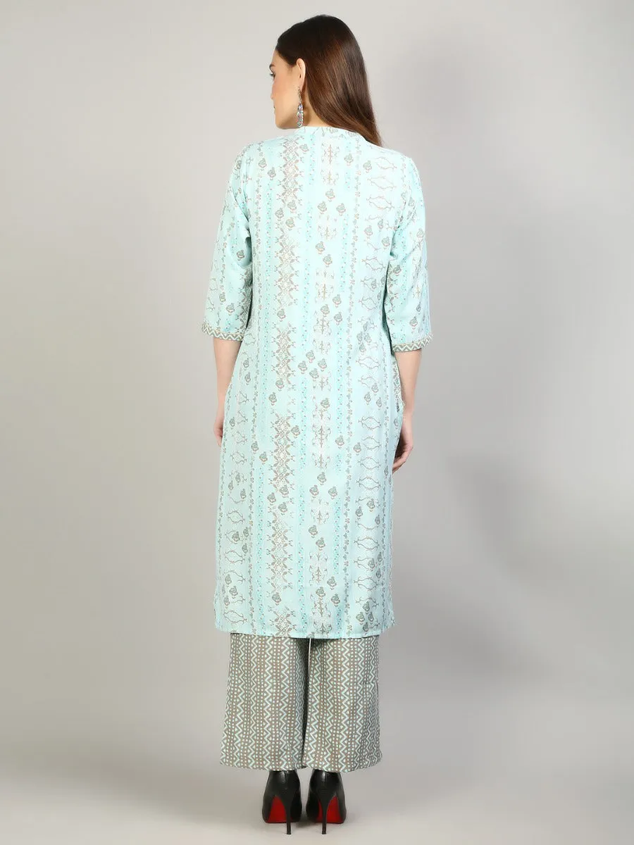 Women Aqua Blue Ornamental Printed Kurta With Pant