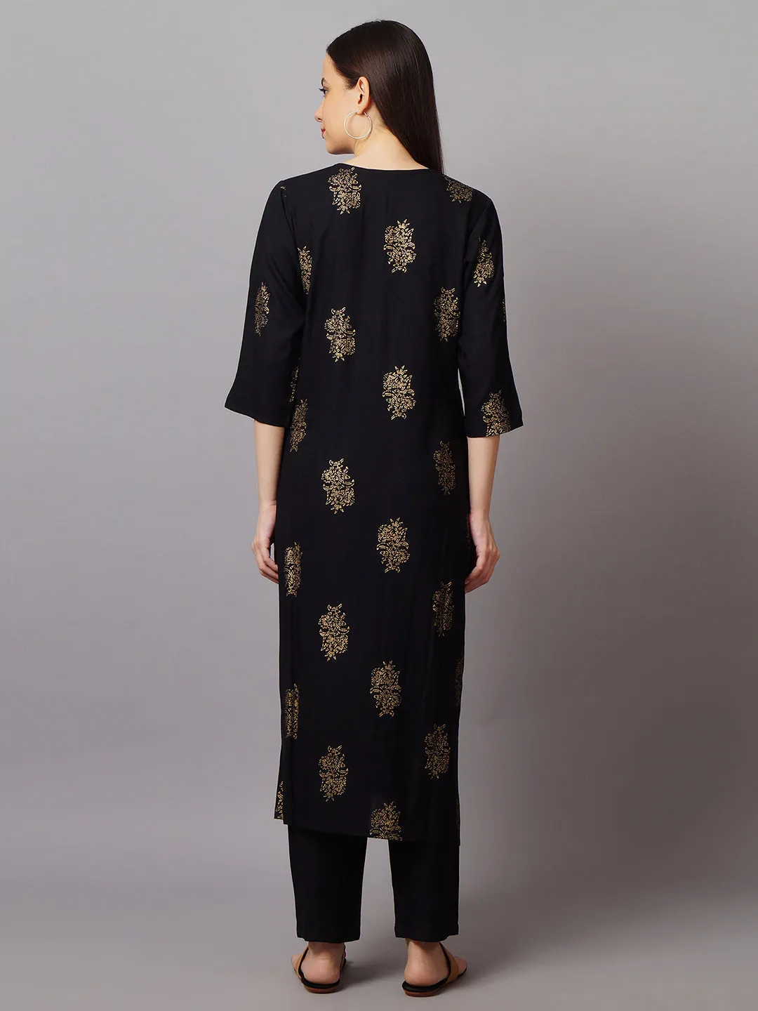 Women Black Ornamental Printed Kurta With Pant