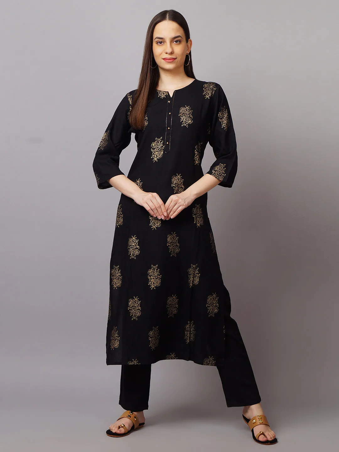 Women Black Ornamental Printed Kurta With Pant