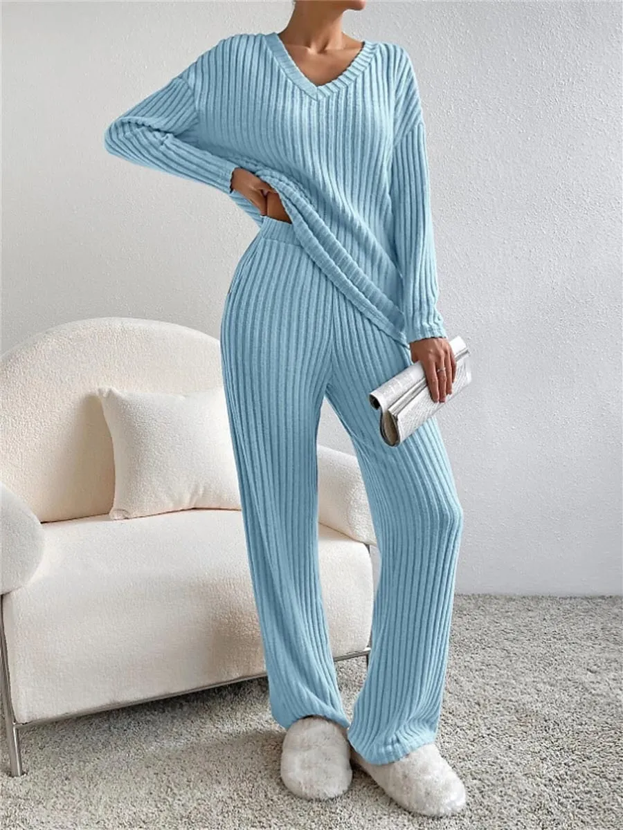 Women's Cozy Knit Drop Shoulder Tee and Pant Lounge Set