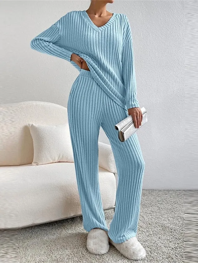 Women's Cozy Knit Drop Shoulder Tee and Pant Lounge Set